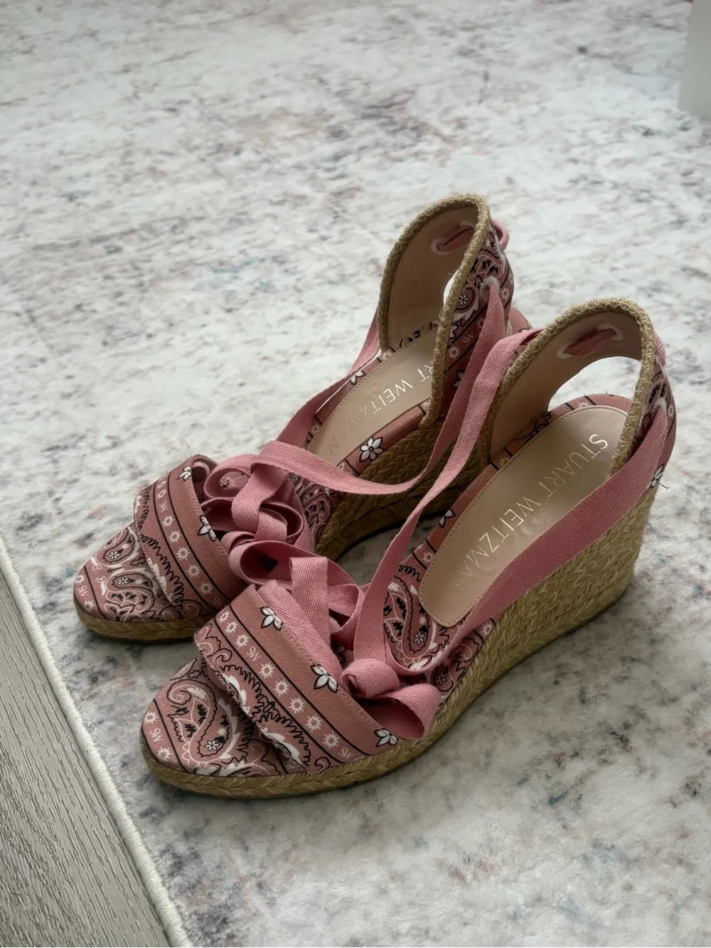 STUART WEITZMAN, Authentic Illeana Lace Up Wedges, Pink Paisley Bandana Print - Picture 2 of 7